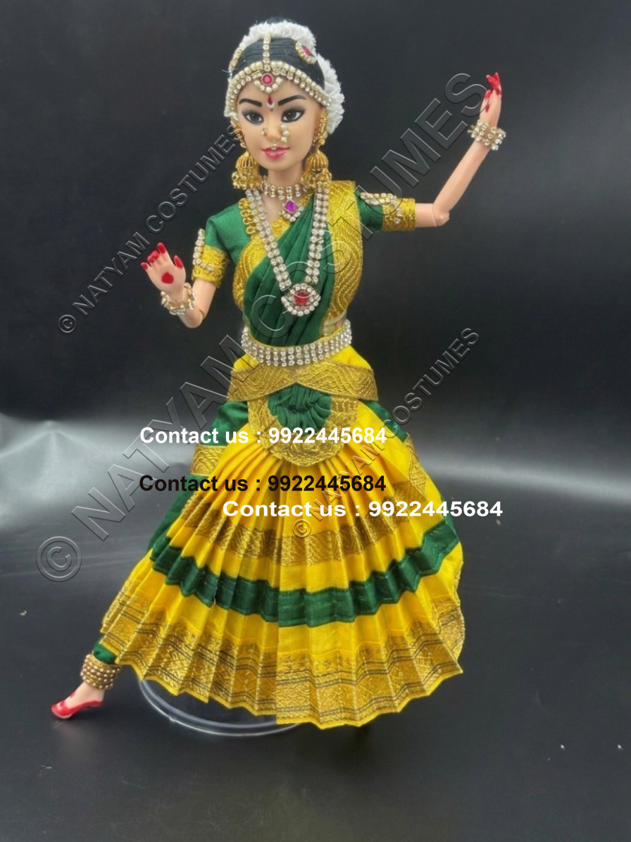 miniature bharatanatyam dance dolls dark green and yellow dress